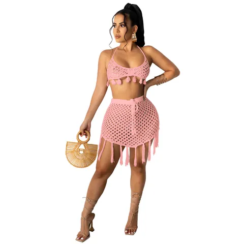 Women's Sexy Crochet Mesh Bikini Beachwear Top And Bottom Bohemian Hollow Out Tassel Halter Vacation Swimsuit Set