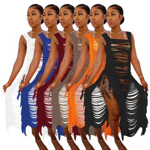 Women Casual Knit Hollow Out Beach Dress Side Tie Tassel Sleeveless Midi Sundress Vacation Swimwear Cover Up