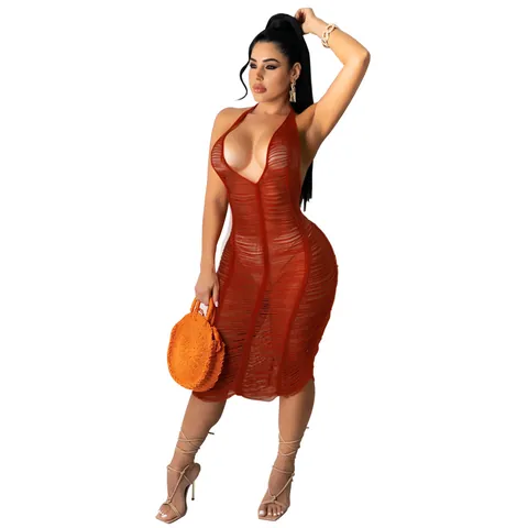 Vestido Midi de Playa Sexy con Cuello Halter y Espalda Descubierta para Mujer Color Sólido Ajustado de Punto para Vacaciones