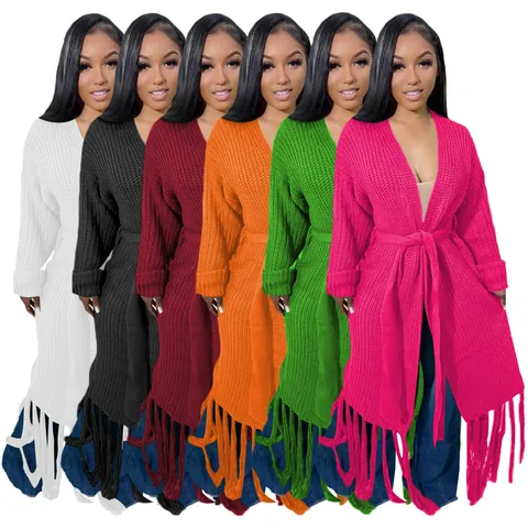 Women Long Tassel Cardigan Sweater Boho Knit Open Front Coat With Belt Solid Color Casual Longline Outerwear