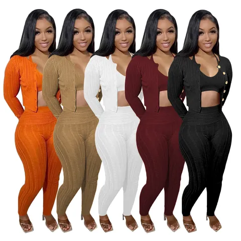 Women Solid Color 3-Piece Knit Set With Cardigan Cami And High Waisted Pants Cable Knit Casual Long Sleeve Outfits Top And Bottom