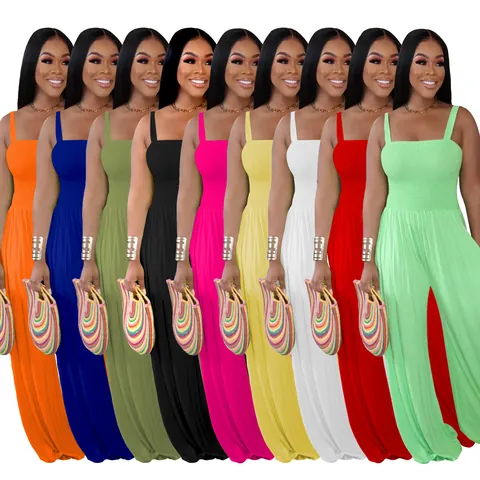 Women Solid Color Casual Spaghetti Strap Smocked Bodice Wide Leg Jumpsuit Summer Fashion Sleeveless Wide Leg One Piece Romper