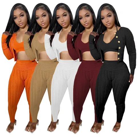 Women Solid Color 3-Piece Knit Set With Cardigan Cami And High Waisted Pants Cable Knit Casual Long Sleeve Outfits Top And Bottom
