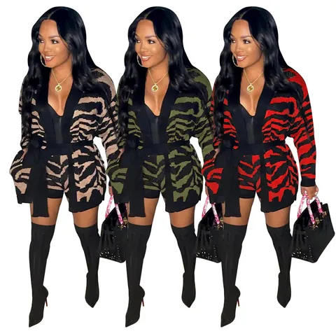 Women Leopard Print Knitted Top And Bottom Long Sleeve Tie Waist Cardigan And High Waist Shorts Casual Fashion Loungewear Outfit