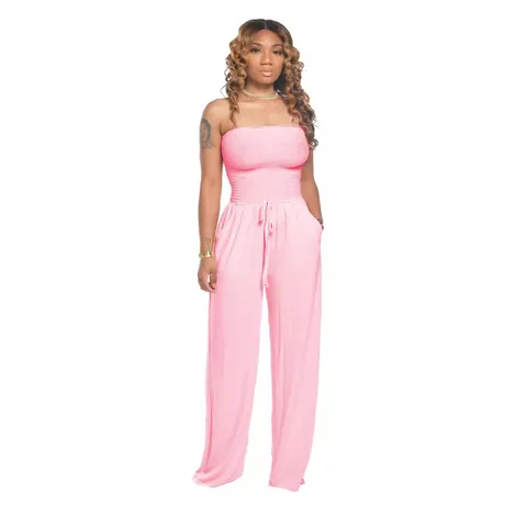 Mono Informal Sin Tirantes Para Mujer Cintura Alta Pata Ancha Con Cordón Mezcla De Algodón Verano De Una Sola Pieza Top And Bottom