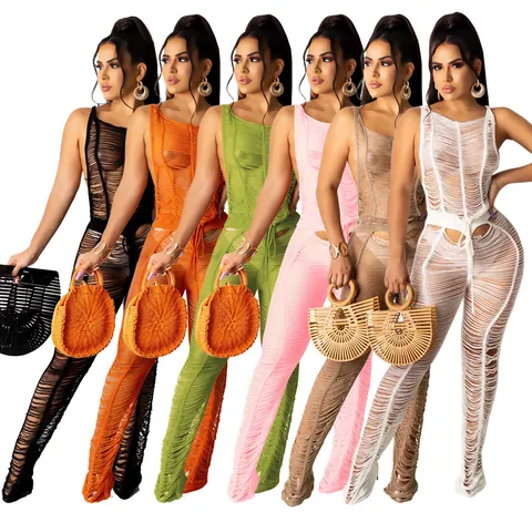 Sexy Hollow Out Knit Jumpsuit For Women Polyester Sleeveless Backless Beach Cover Up Top And Bottom Bodycon Romper Summer