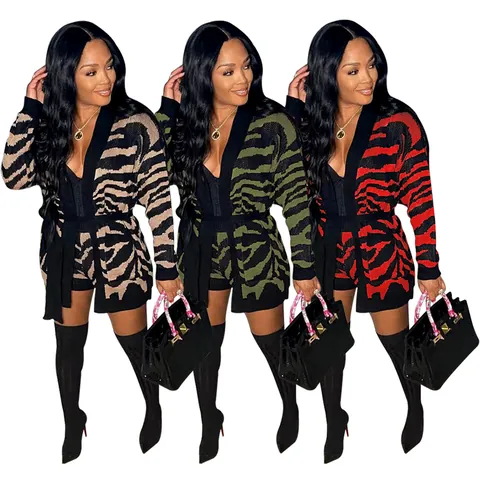 Women Leopard Print Knitted Top And Bottom Long Sleeve Tie Waist Cardigan And High Waist Shorts Casual Fashion Loungewear Outfit