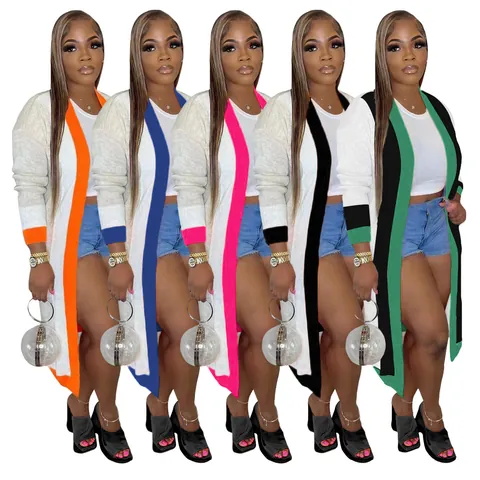 Women Casual Long Color-Block Hand-Knitted Sweater Cardigan Open Front Long Sleeve Polyester Knitwear Top Outerwear Daily