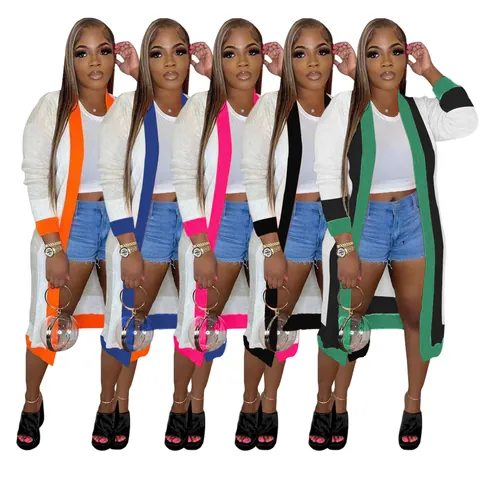 Women Casual Long Color-Block Hand-Knitted Sweater Cardigan Open Front Long Sleeve Polyester Knitwear Top Outerwear Daily