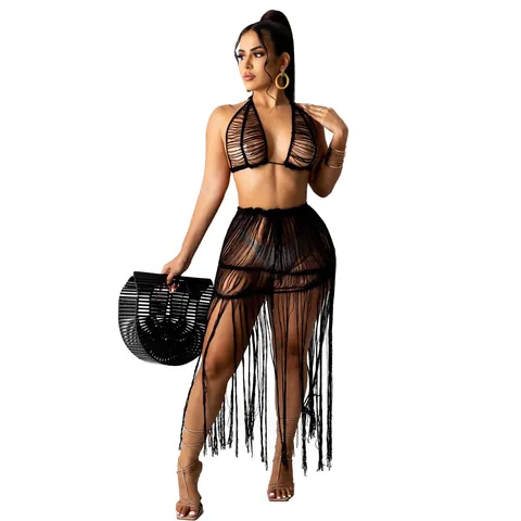 Women Sexy Knit Mesh Hollow Out Top And Bottom Long Fringe Tassels Beach Skirt Two Piece Vacation Co-ord Set