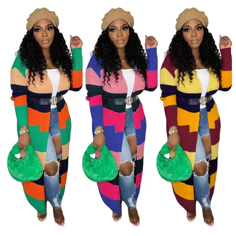 Women Casual Color-Block Hand-Knitted Long Cardigan Loose Geometric Pattern Long Sleeve Knit Sweater Jacket Outwear Top