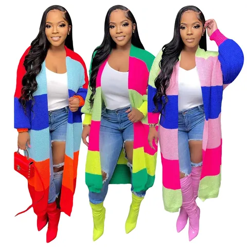 Cárdigan Largo para Mujer con Bloques de Color Ganchillo Hecho a Mano Suéter de Punto Grueso Frente Abierto Patrón Geométrico Casual Top