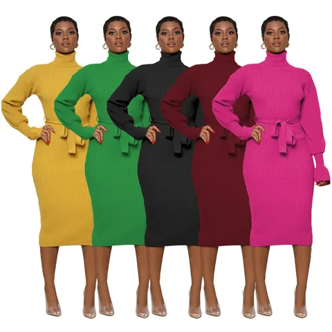 Elegant High Neck Long Sleeve Ribbed Knit Midi Dress With Belt Solid Color Bodycon Sweater Dress For Women Party Dating