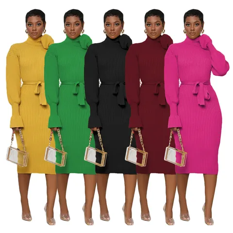 Elegant High Neck Long Sleeve Ribbed Knit Midi Dress With Belt Solid Color Bodycon Sweater Dress For Women Party Dating