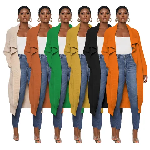 Damen Langer Strickjacke Pullover Locker Einfarbig Gerippt Vorne Offen Oberbekleidung Wasserfallkragen Lässig Langarm Strickmode Top