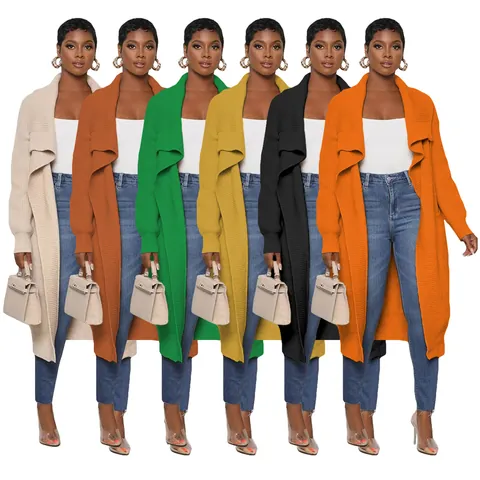 Damen Langer Strickjacke Pullover Locker Einfarbig Gerippt Vorne Offen Oberbekleidung Wasserfallkragen Lässig Langarm Strickmode Top