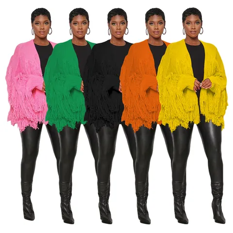 Women European American Solid Color Knit Tassel Cardigan Short Jacket Open Front Hand Knitted Fringe Sweaters Outerwear Top