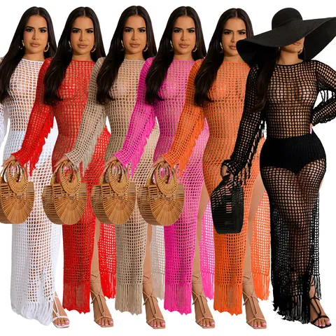 Women Sexy Crochet Beach Cover Up Dress TS1251 Hollow Out Hand Knit Long Sleeve Tassel Maxi Dress High Slit Solid Color Polyester Beachwear