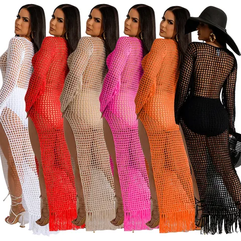 Women Sexy Crochet Beach Cover Up Dress TS1251 Hollow Out Hand Knit Long Sleeve Tassel Maxi Dress High Slit Solid Color Polyester Beachwear
