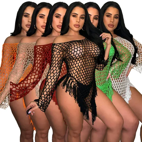 Women Sexy Crochet Beach Cover Up Dress Hand Woven Hollow Mesh Tassel Hem Long Sleeve Off Shoulder Swimwear Coverup