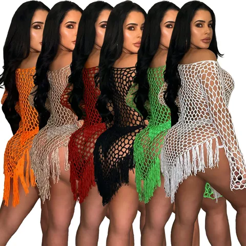 Women Sexy Crochet Beach Cover Up Dress Hand Woven Hollow Mesh Tassel Hem Long Sleeve Off Shoulder Swimwear Coverup