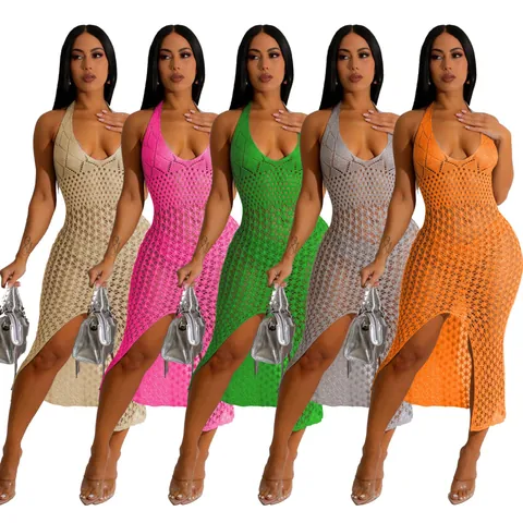 Women Sexy Hollow Out Crochet Knit Midi Dress Halter Sleeveless Slit Bodycon Sundress Polyester Beach Vacation Clubwear Dress