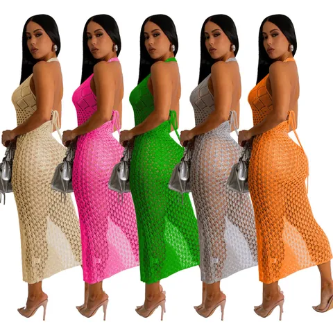 Women Sexy Hollow Out Crochet Knit Midi Dress Halter Sleeveless Slit Bodycon Sundress Polyester Beach Vacation Clubwear Dress