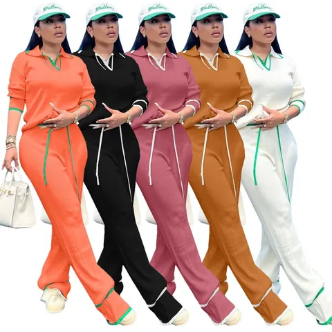 Γυναικείο Casual Πλεκτό Σετ Top And Bottom από Πολυεστέρα Μακρυμάνικο Τοπ με Γιακά Πόλο Παντελόνα με Κορδόνι και Ψηλή Μέση