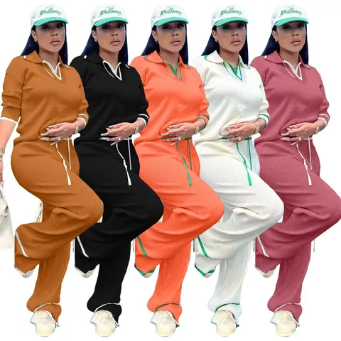 Γυναικείο Casual Πλεκτό Σετ Top And Bottom από Πολυεστέρα Μακρυμάνικο Τοπ με Γιακά Πόλο Παντελόνα με Κορδόνι και Ψηλή Μέση