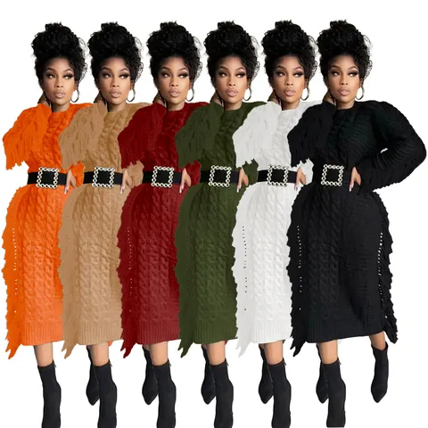Women's Long Cable Knit Sweater Dress With Tassels And Rhinestone Buckle Belt Casual Long Sleeve Crew Neck Midi Dress