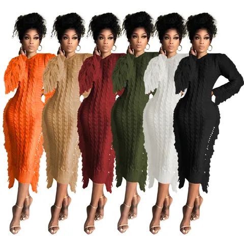 Women's Long Cable Knit Sweater Dress With Tassels And Rhinestone Buckle Belt Casual Long Sleeve Crew Neck Midi Dress