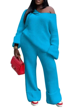 Women's Casual Ribbed Knit Top And Wide Leg Pants Two-Piece Outfit Solid Color Loose Fit Pullover Sweater Loungewear