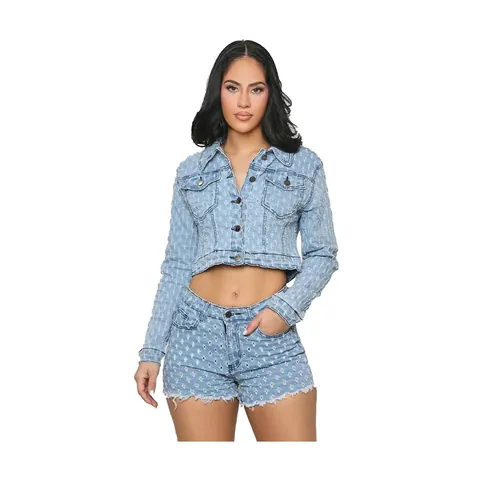Women's Western Style Distressed Denim Shorts Set Long Sleeve Ripped Jacket And Frayed Edge Shorts Top And Bottom Two Piece Set