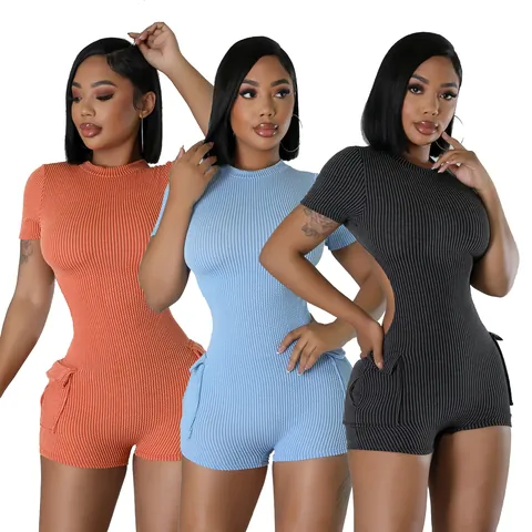 Mameluco Casual Mujer Manga Corta Ajustado Espalda Descubierta Jacquard Canalé Mono Cargo Con Bolsillos Laterales Verano Moda TS1308