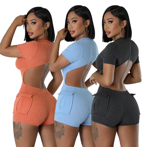 Mameluco Casual Mujer Manga Corta Ajustado Espalda Descubierta Jacquard Canalé Mono Cargo Con Bolsillos Laterales Verano Moda TS1308