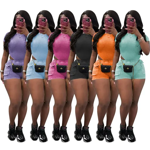 Women Ribbed Knit Shorts Set Sexy Cut Out Short Sleeve Bodysuit And High Waist Cargo Pockets Lounge Wear Two Piece Outfit