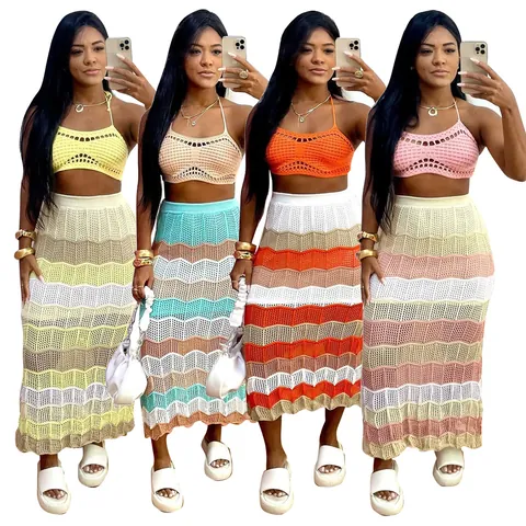 Conjuntos de Dos Piezas de Playa de Ganchillo Bohemio para Mujer Top Halter Calado y Falda Midi de Punto con Rayas Onduladas Ropa de Vacaciones de Verano