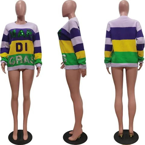 Dames Casual Kleurblok Lovertjes Mardi Gras Gebreide Trui Ronde Hals Lange Mouw Pullover Tops Feestelijke Gebreide Kleding
