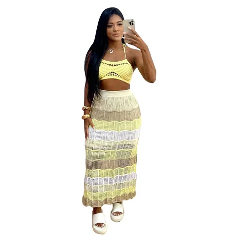 Conjuntos de Dos Piezas de Playa de Ganchillo Bohemio para Mujer Top Halter Calado y Falda Midi de Punto con Rayas Onduladas Ropa de Vacaciones de Verano
