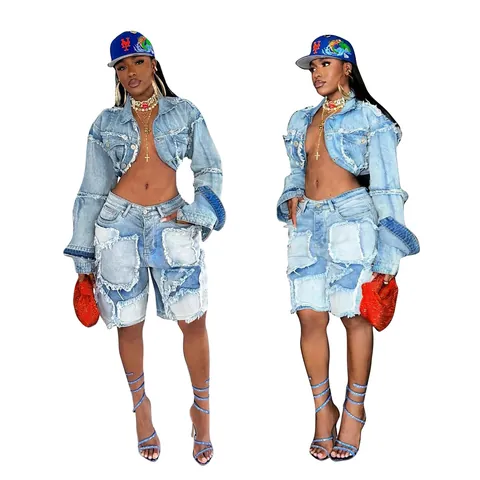 Women Vintage Washed Distressed Patchwork Denim Top And Bottom Streetwear Cotton Cropped Jacket And Shorts Two Piece Set