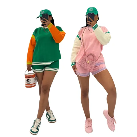 Dames Mode Contrast Kleurblok Gebreid Top And Bottom Set Lange Mouwen Pullover Met Gestreepte Shorts Sportieve Casual Outfit