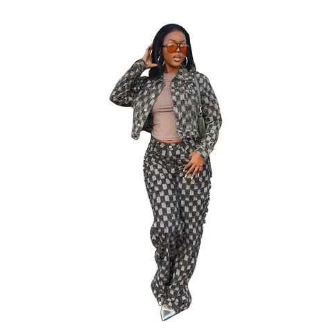 Women's Casual Washed Denim Set Jacquard Checkerboard Plaid Top And Bottom Short Long Sleeve Jacket High Waist Wide Leg Pants Streetwear Outfits