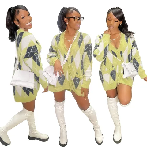 Cardigan en Tricot Décontracté pour Femmes Surdimensionné Manches Longues Motif Argyle Col en V Bord Effiloché Top