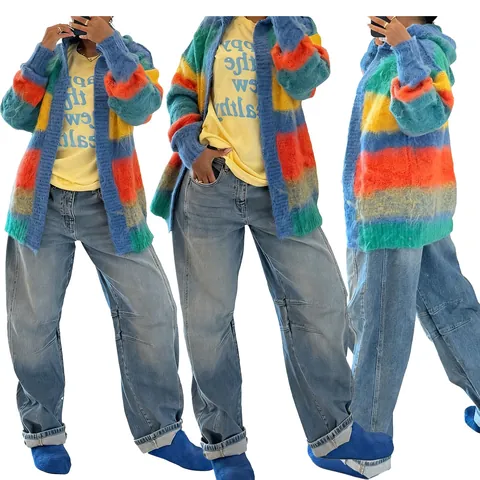 Women Colorful Striped Knit Cardigan Hooded Sweater Loose Color Block Long Sleeve Patchwork Open Front Knitwear Jacket