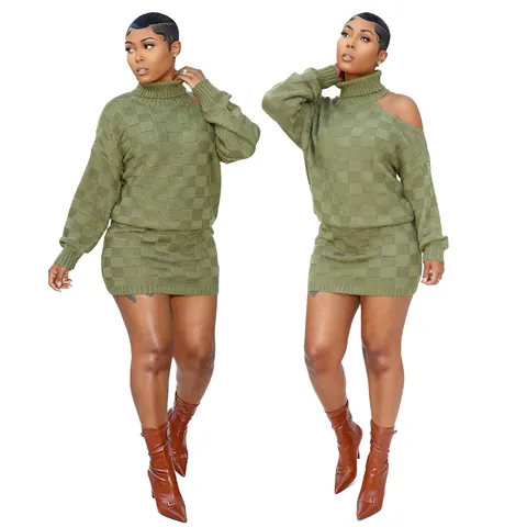 Women Checkered Knitted Skirt Set High Neck Cold Shoulder Top And Bottom Long Sleeve Polyester Two Piece Casual Outfit