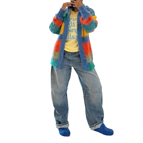 Women Colorful Striped Knit Cardigan Hooded Sweater Loose Color Block Long Sleeve Patchwork Open Front Knitwear Jacket