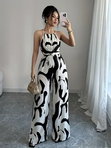 Women Rayon Halter Neck Jumpsuit Milk Cow Print Waist Slimming Wide Leg Top And Bottom Streetwear Casual Summer Jumpsuit