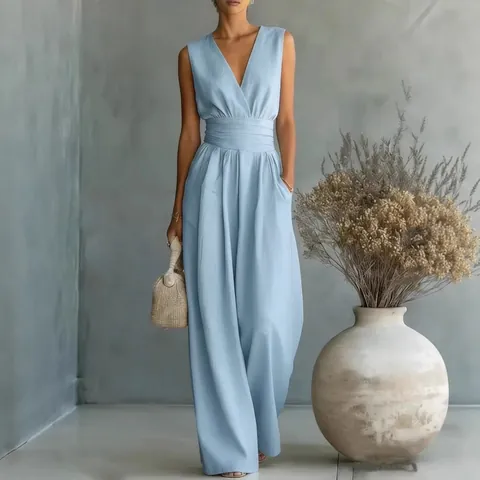 Women Elegant V-Neck Sleeveless Jumpsuit Polyester Waist Tie Wide Leg Rompers Casual Solid Color Summer Top And Bottom