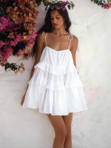 Women's Summer Cotton Tiered Ruffle Mini Dress Sweet Backless Spaghetti Strap Cake Dress Fresh Vacation Beach Sundress