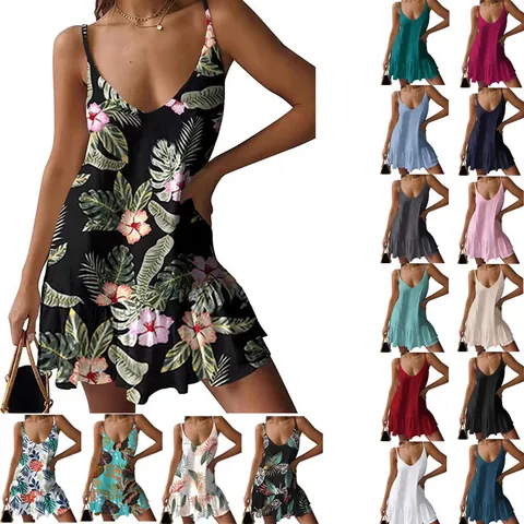 Robe Cami en Tissu Tricoté à Col en V pour Femme Décontractée Ample Imprimé Tropical Ourlet à Volants Robe d'Eté Plage Mini Haut Et Bas